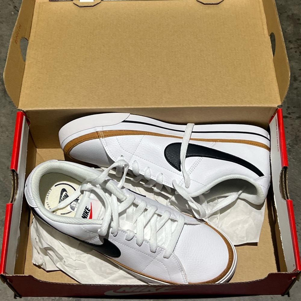 Nike Court Legacy White Low-Top Sneakers with Black Swoosh and Tan Stripe - Picture 2 of 3